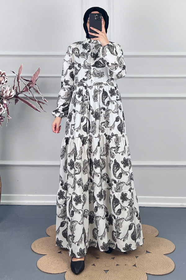 Şal Desenli Elbise - Siyah