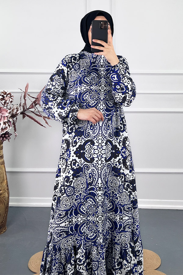 Şal Desenli Tesettür Elbise - Mavi