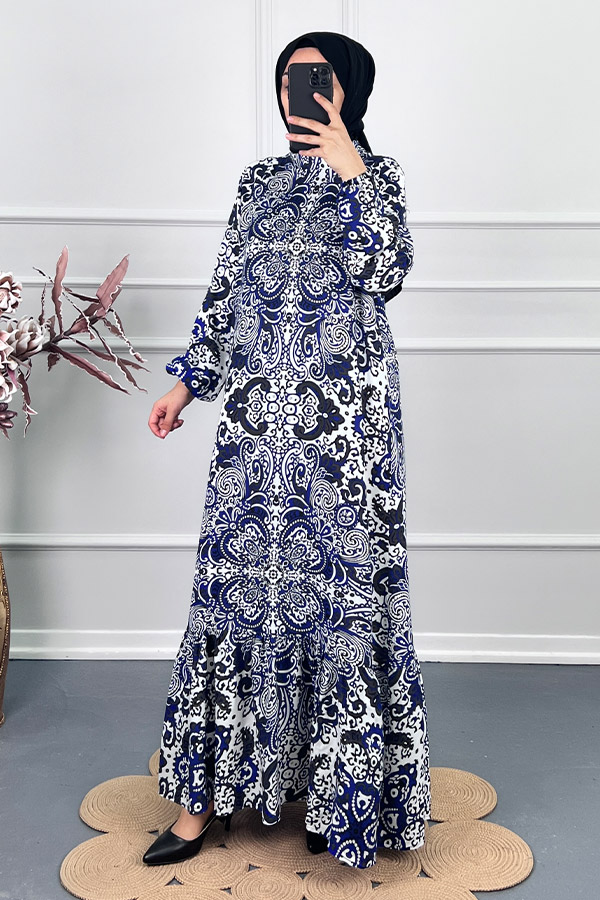 Şal Desenli Tesettür Elbise - Mavi