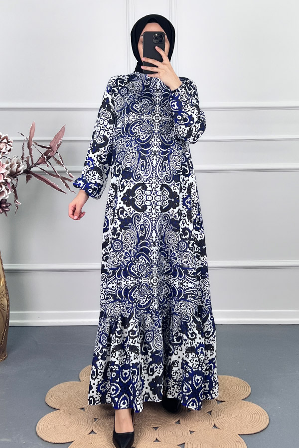 Şal Desenli Tesettür Elbise - Mavi