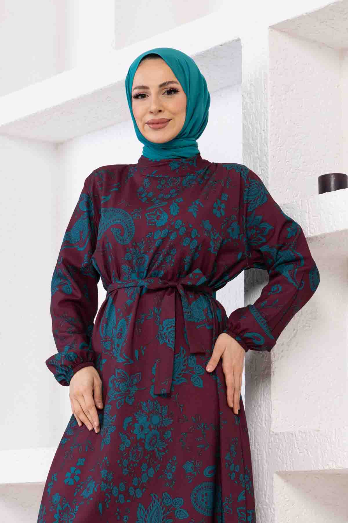 Şal Desenli Tesettür Elbise - Mürdüm