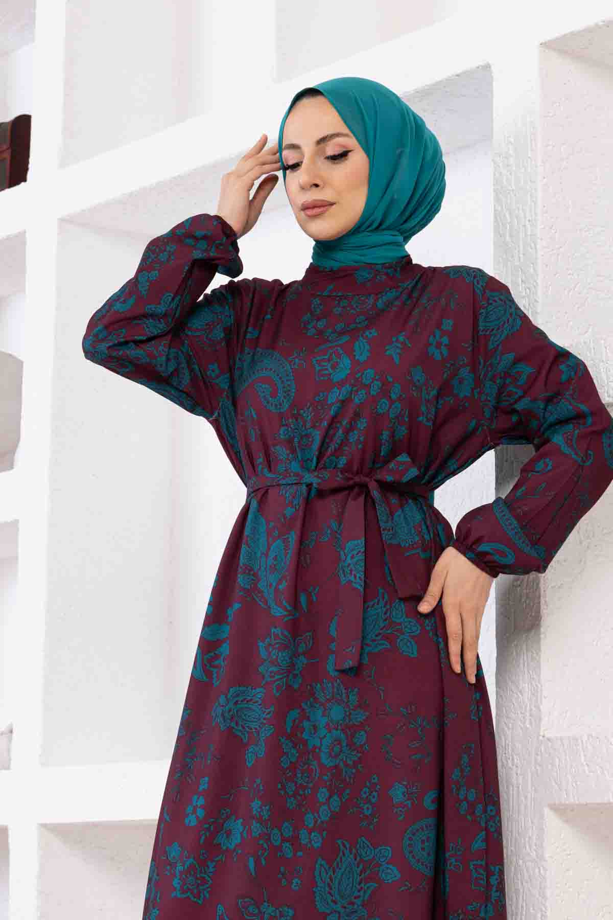 Şal Desenli Tesettür Elbise - Mürdüm