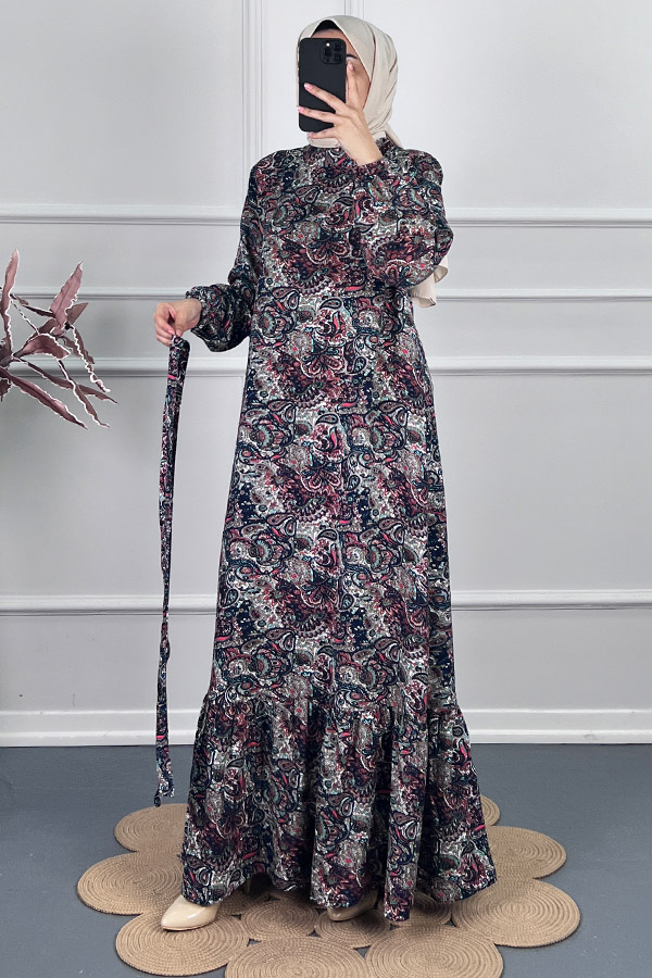 Şal Desenli Viskon Elbise - Kırmızı Şal Desenli Viskon Elbise - Kırmızı