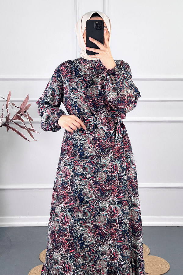 Şal Desenli Viskon Elbise - Kırmızı Şal Desenli Viskon Elbise - Kırmızı