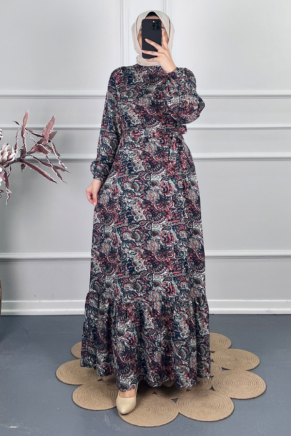 Şal Desenli Viskon Elbise - Kırmızı Şal Desenli Viskon Elbise - Kırmızı