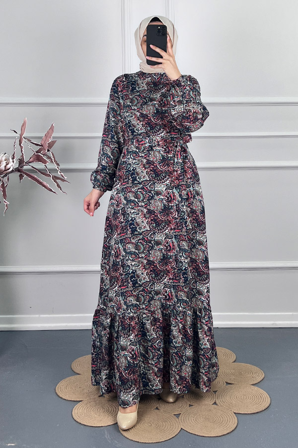 Şal Desenli Viskon Elbise - Kırmızı Şal Desenli Viskon Elbise - Kırmızı