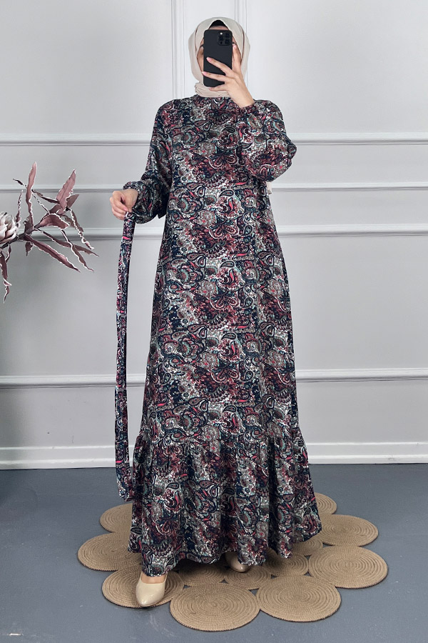 Şal Desenli Viskon Elbise - Kırmızı Şal Desenli Viskon Elbise - Kırmızı