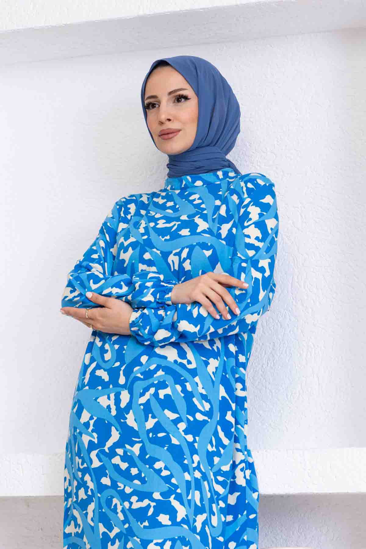 Sarmal Desenli Elbise - Mavi