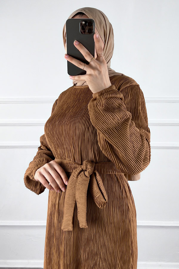 Scuba Kumaş Elbise - Kahverengi