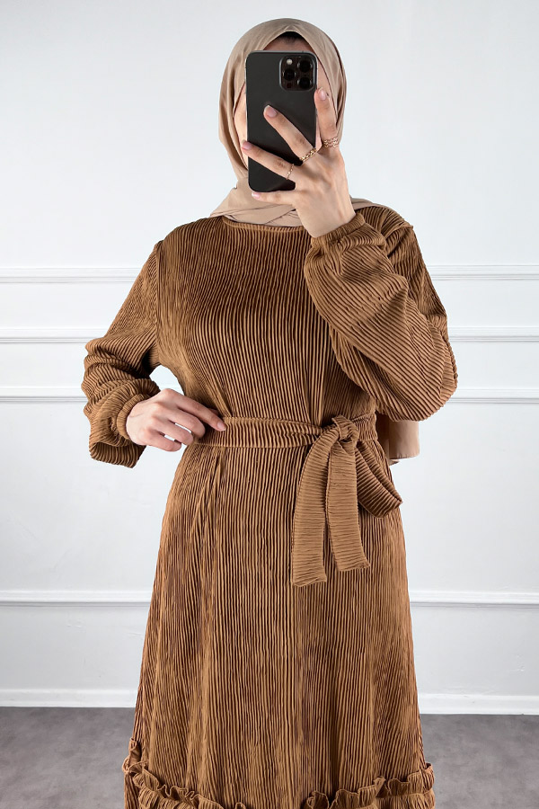 Scuba Kumaş Elbise - Kahverengi