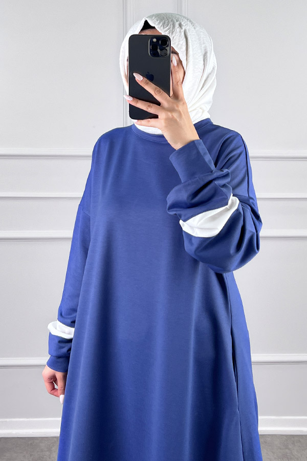 Şerit Detaylı Elbise - Mavi