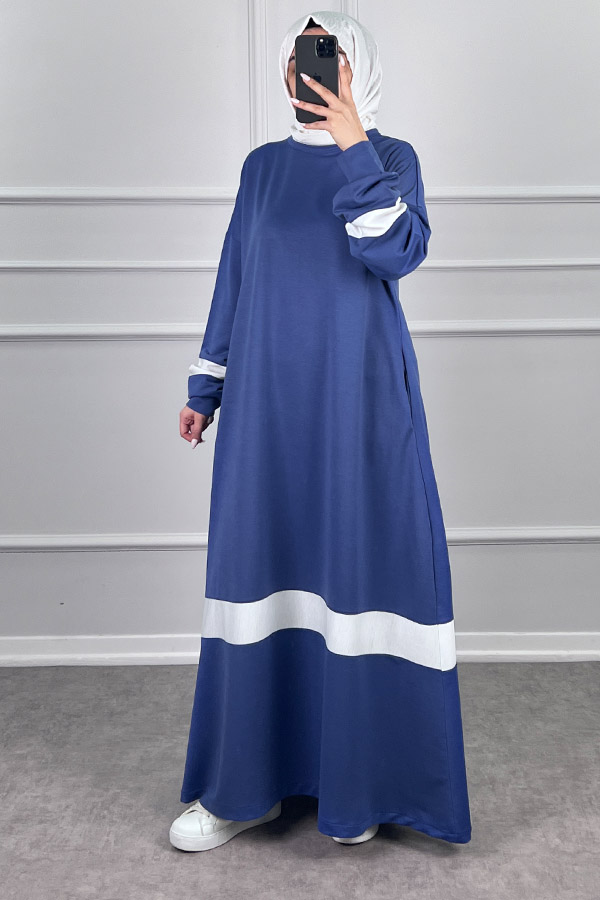 Şerit Detaylı Elbise - Mavi