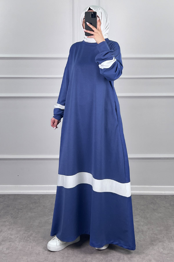 Şerit Detaylı Elbise - Mavi