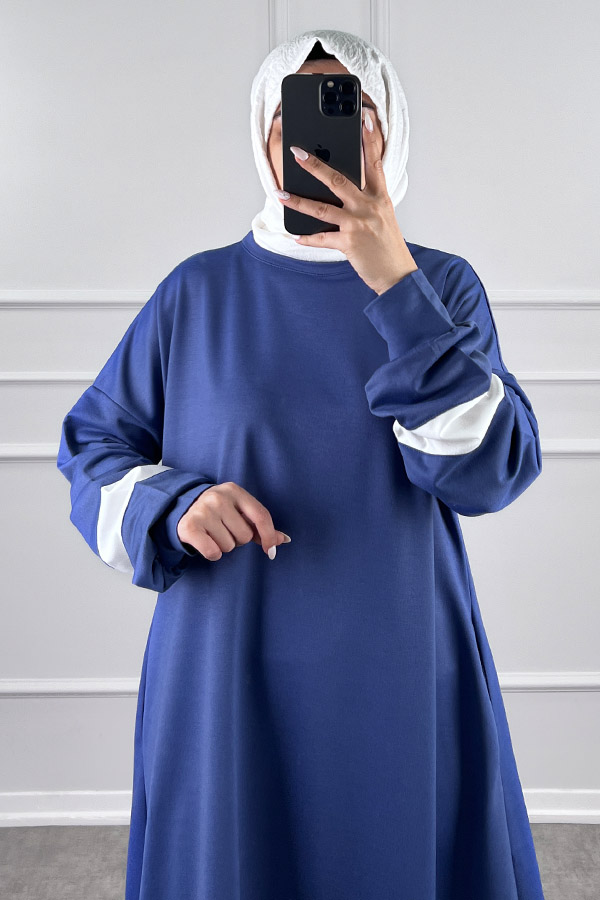 Şerit Detaylı Elbise - Mavi