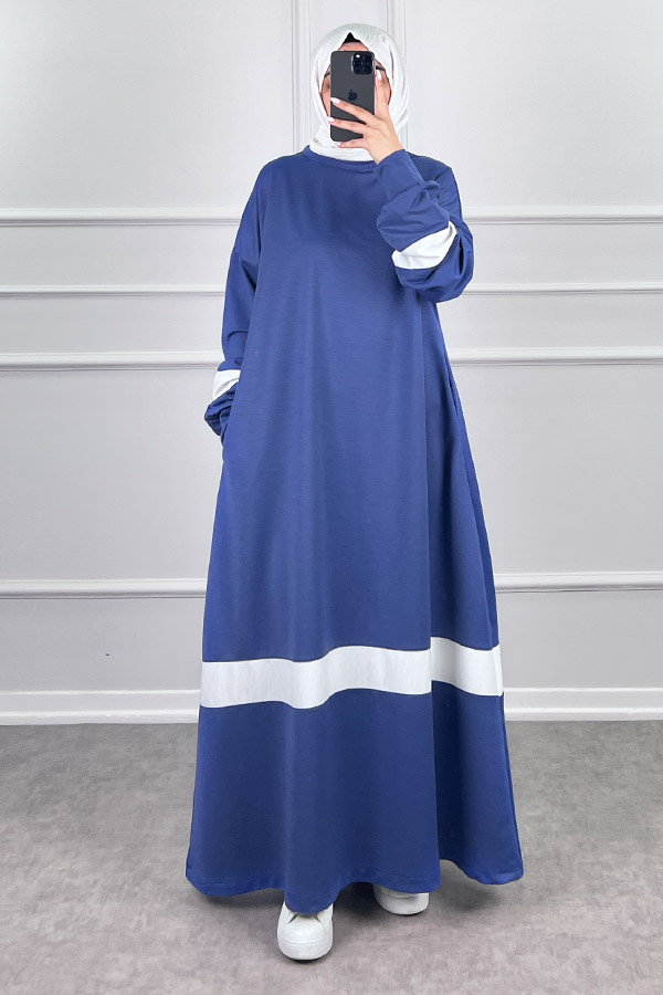 Şerit Detaylı Elbise - Mavi