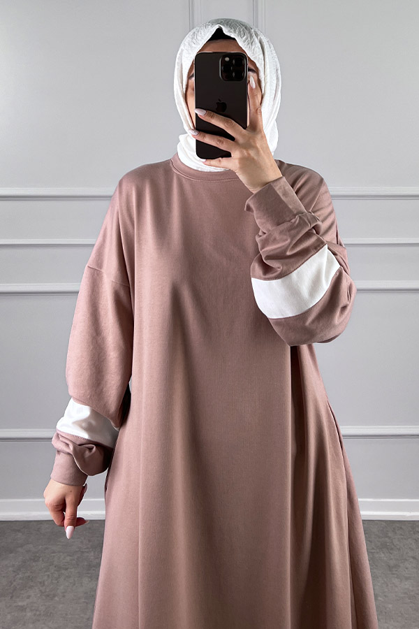 Şerit Detaylı Elbise - Pudra