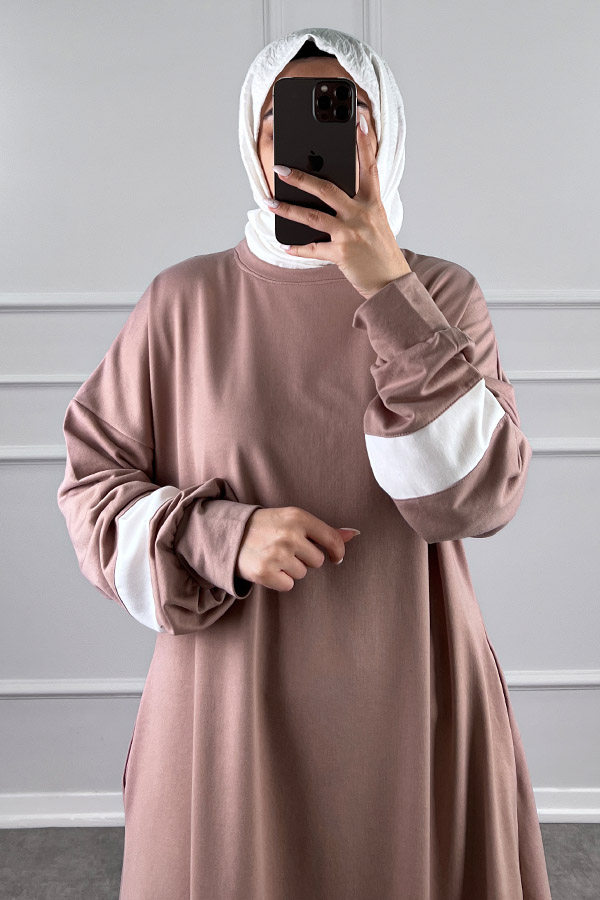 Şerit Detaylı Elbise - Pudra