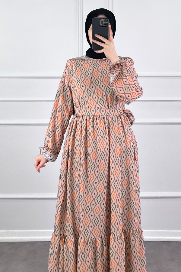 Şerit Detaylı Krep Kumaş Elbise - Krem