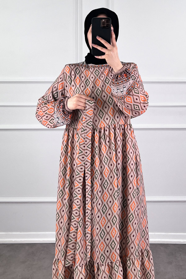 Şerit Detaylı Krep Kumaş Elbise - Krem