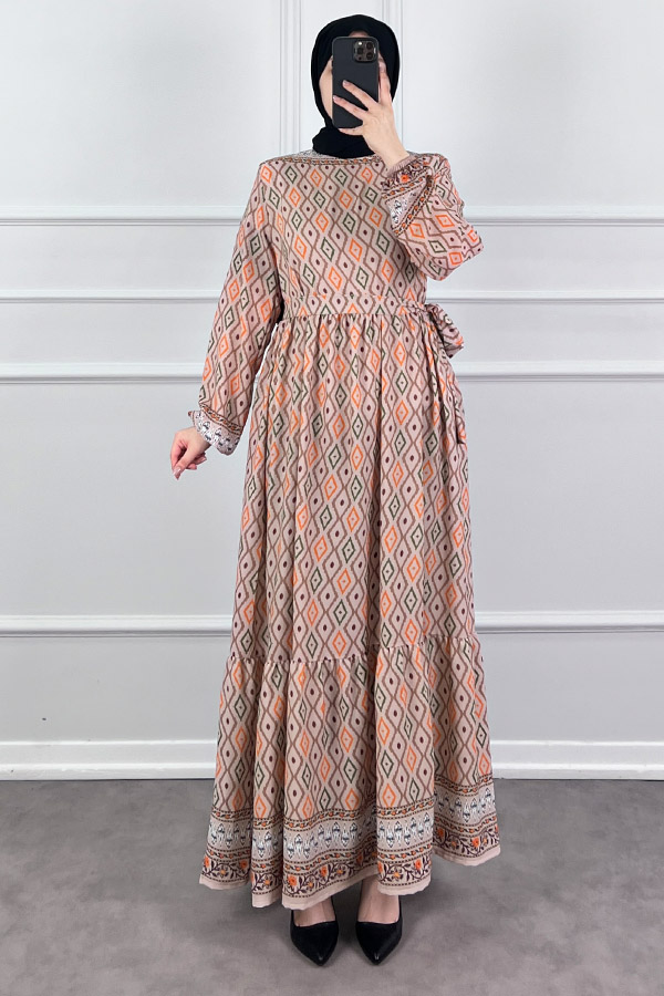 Şerit Detaylı Krep Kumaş Elbise - Krem