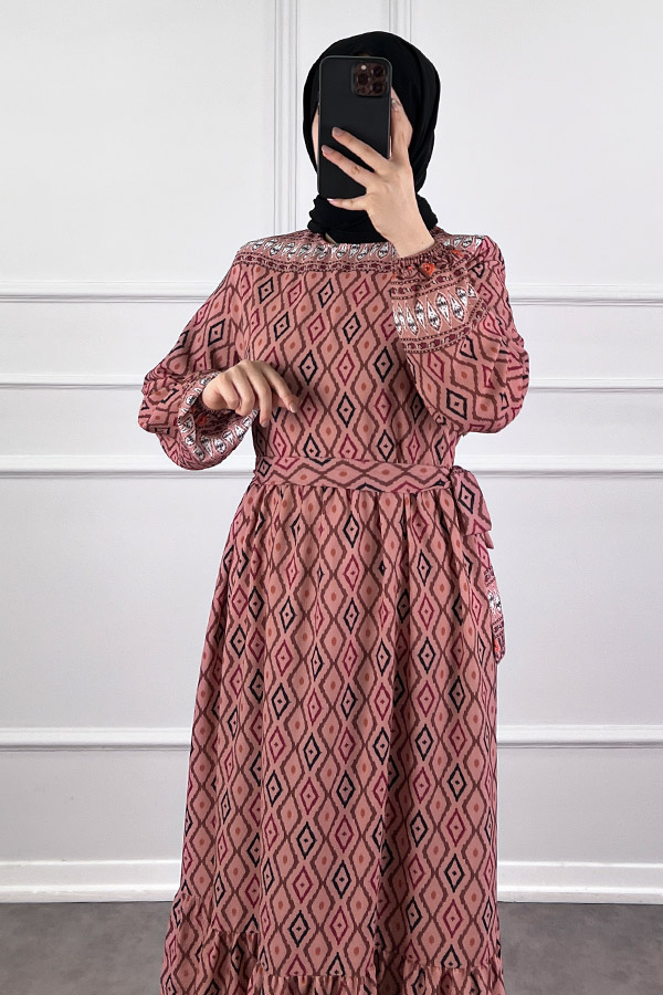 Şerit Detaylı Krep Kumaş Elbise - Pudra