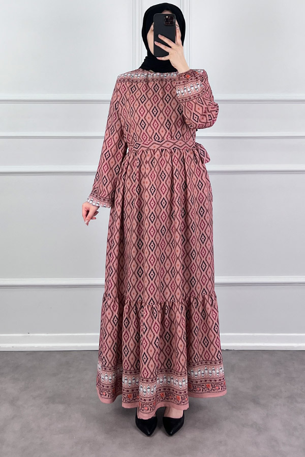 Şerit Detaylı Krep Kumaş Elbise - Pudra