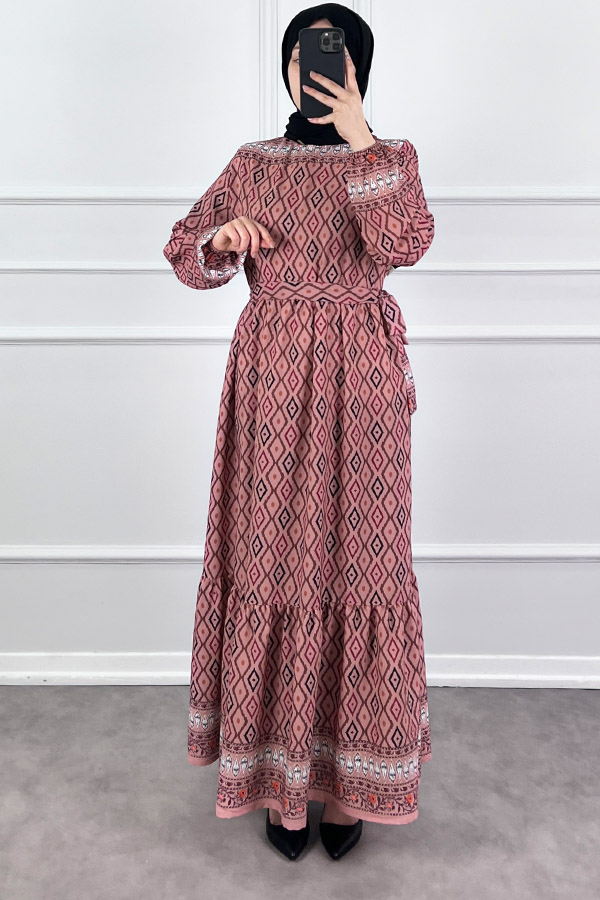 Şerit Detaylı Krep Kumaş Elbise - Pudra