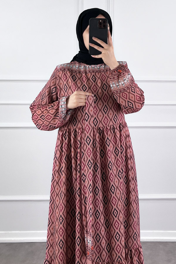 Şerit Detaylı Krep Kumaş Elbise - Pudra