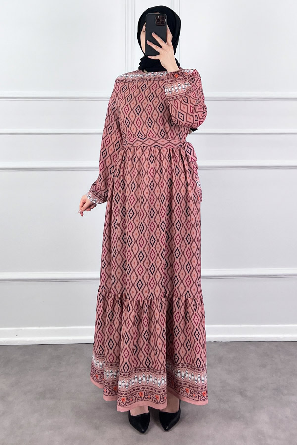 Şerit Detaylı Krep Kumaş Elbise - Pudra