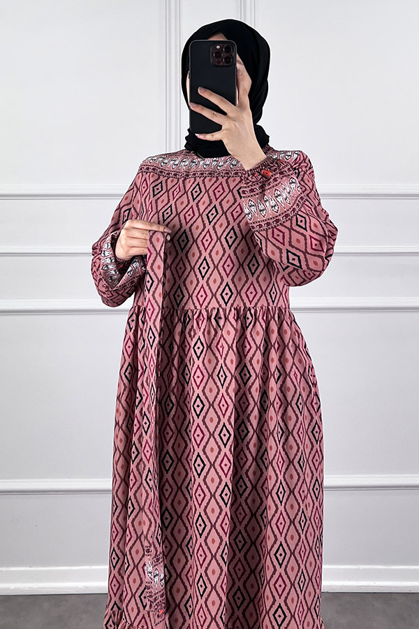 Şerit Detaylı Krep Kumaş Elbise - Pudra