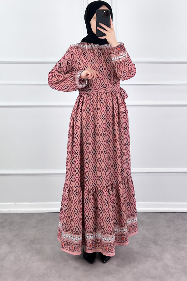 Şerit Detaylı Krep Kumaş Elbise - Pudra