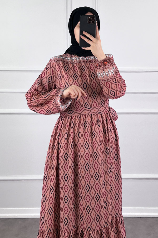 Şerit Detaylı Krep Kumaş Elbise - Pudra