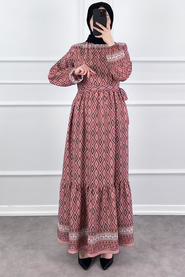 Şerit Detaylı Krep Kumaş Elbise - Pudra