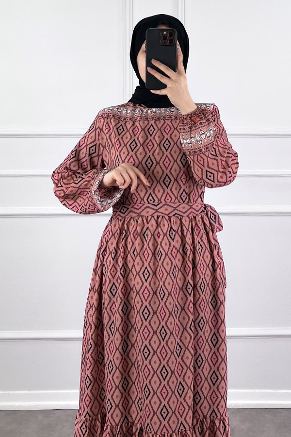 Şerit Detaylı Krep Kumaş Elbise - Pudra