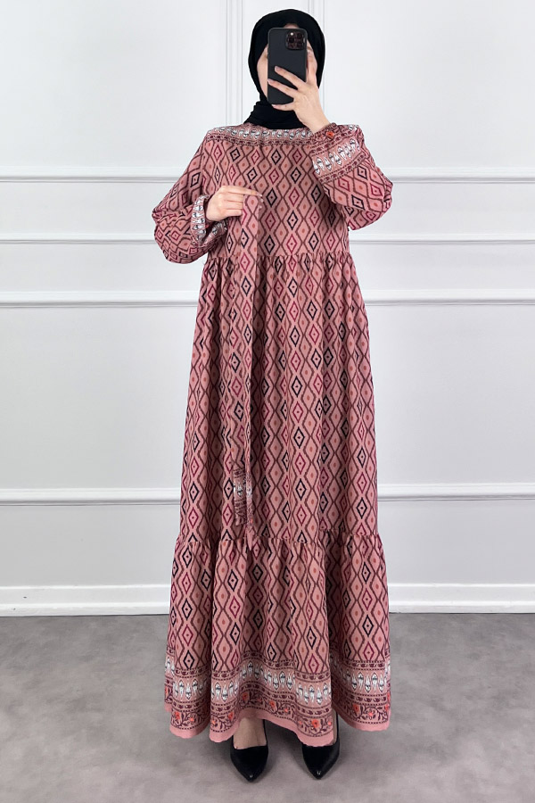 Şerit Detaylı Krep Kumaş Elbise - Pudra