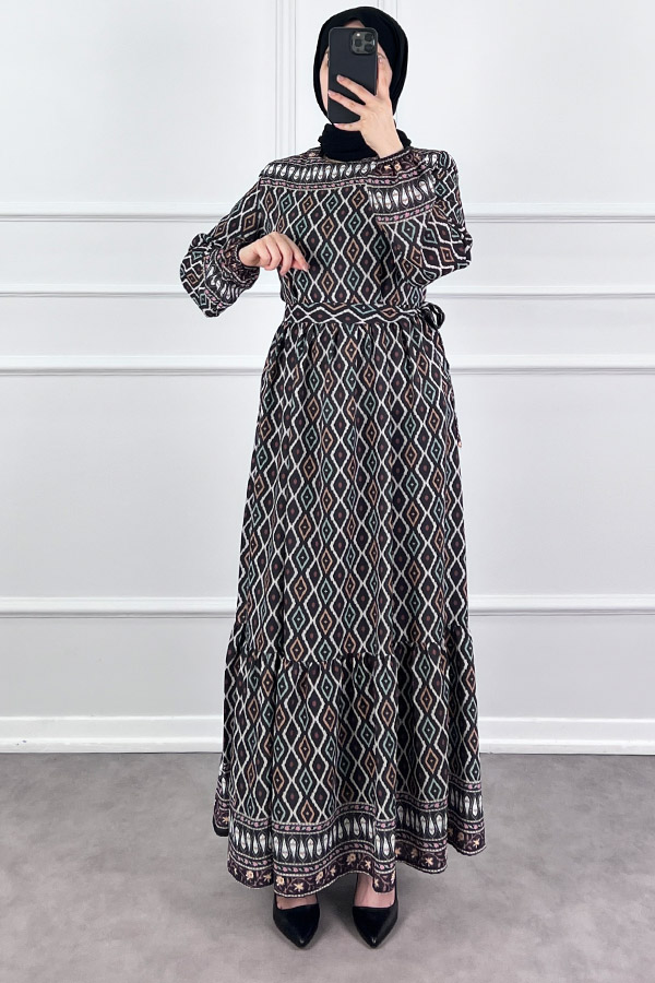 Şerit Detaylı Krep Kumaş Elbise - Siyah