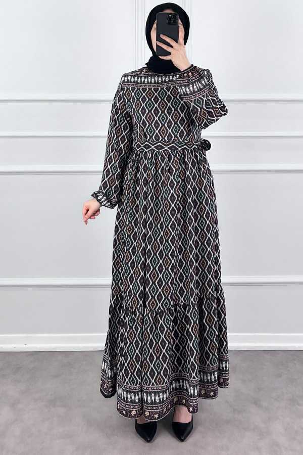 Şerit Detaylı Krep Kumaş Elbise - Siyah