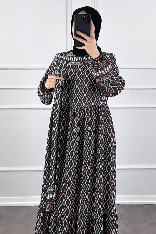 Şerit Detaylı Krep Kumaş Elbise - Siyah