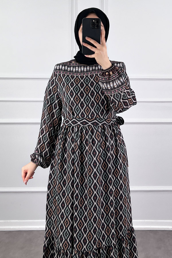 Şerit Detaylı Krep Kumaş Elbise - Siyah