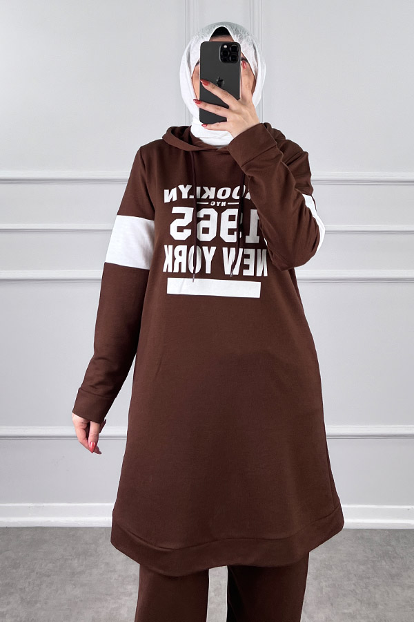 Şerit Detaylı Spor Takım - Kahverengi