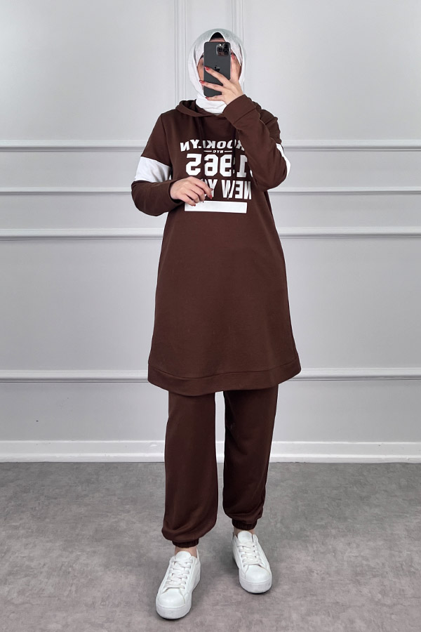 Şerit Detaylı Spor Takım - Kahverengi