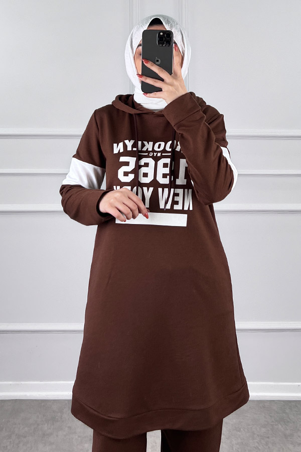 Şerit Detaylı Spor Takım - Kahverengi