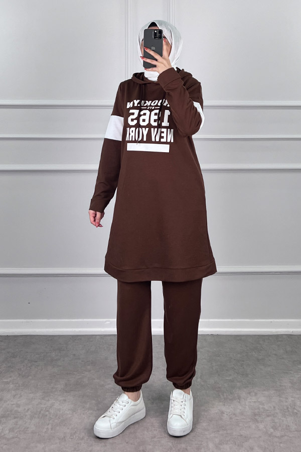 Şerit Detaylı Spor Takım - Kahverengi
