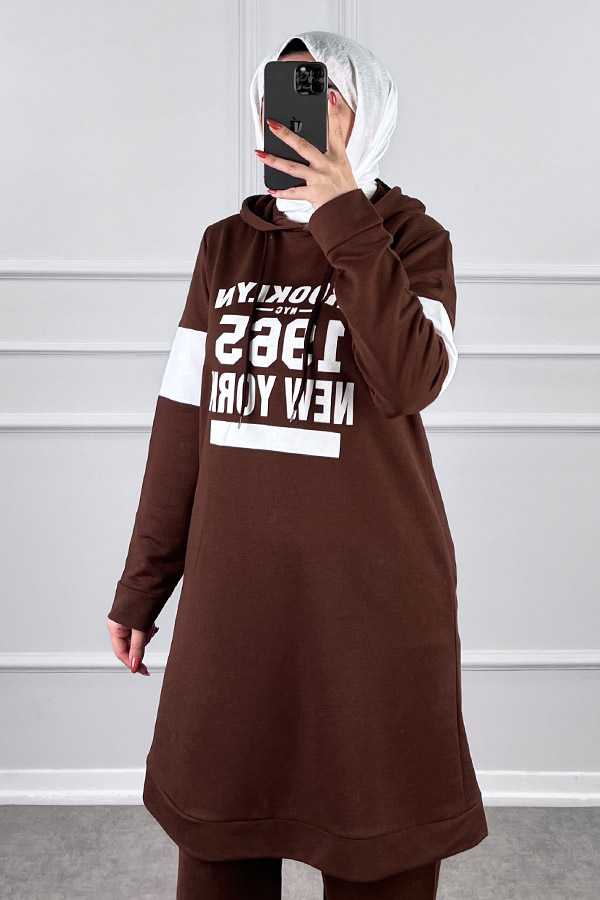 Şerit Detaylı Spor Takım - Kahverengi