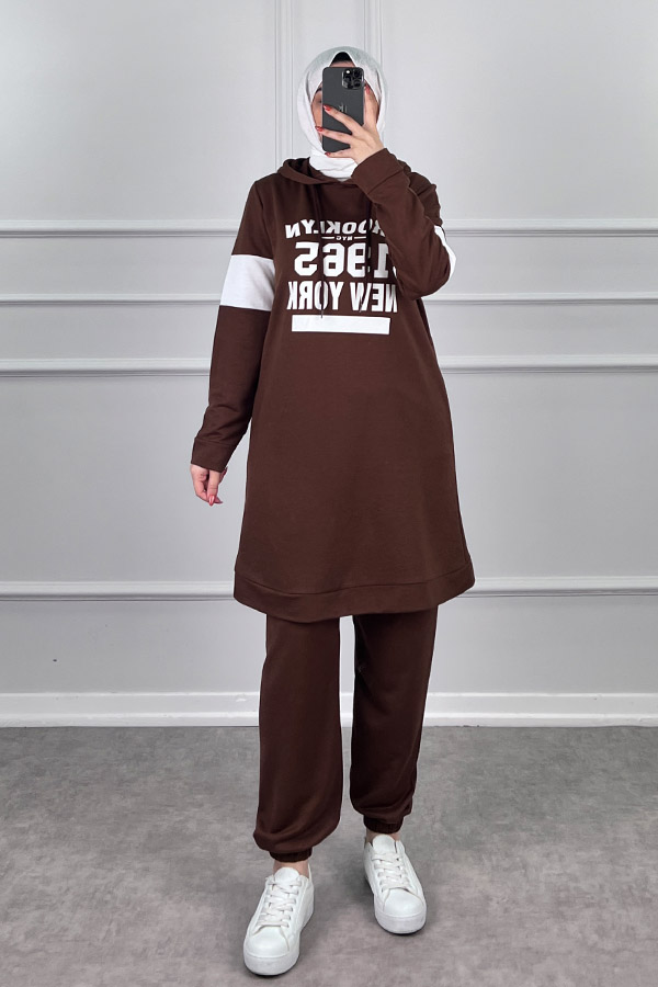 Şerit Detaylı Spor Takım - Kahverengi