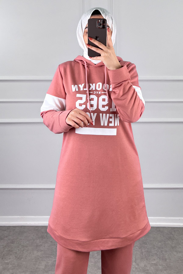 Şerit Detaylı Spor Takım - Pudra