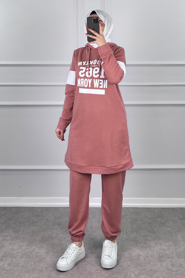 Şerit Detaylı Spor Takım - Pudra