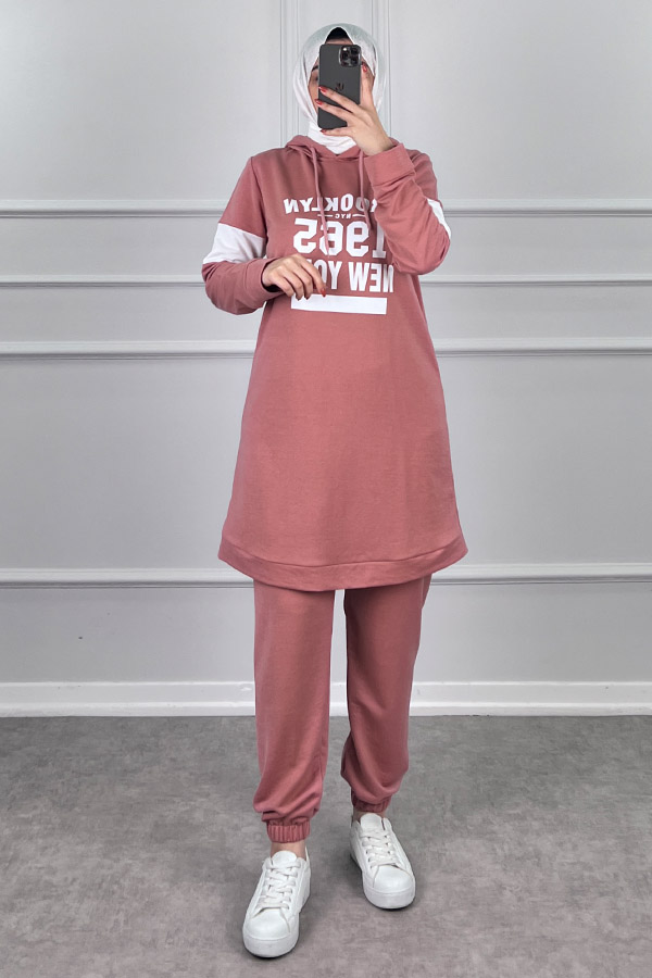 Şerit Detaylı Spor Takım - Pudra