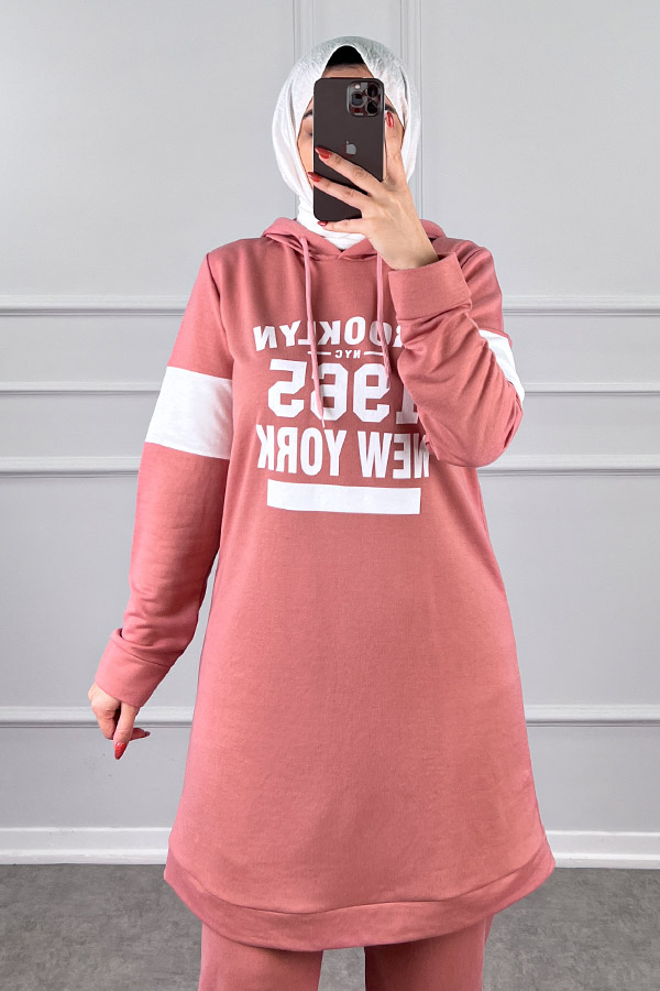 Şerit Detaylı Spor Takım - Pudra