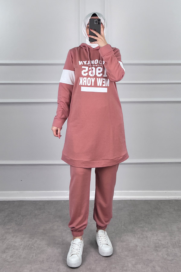 Şerit Detaylı Spor Takım - Pudra